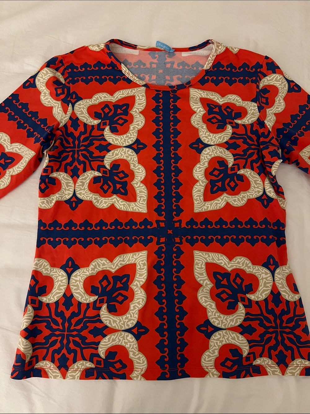 J. McLaughlin Red Navy and Cream Long-Sleeve Patterned Top